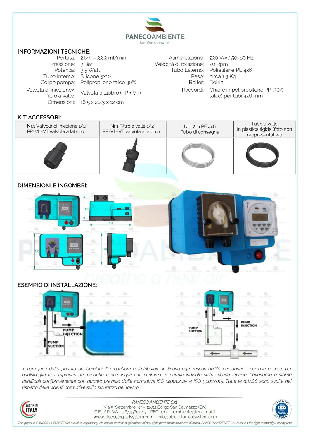 ZoLogik Paneco Injection P3 dosatore acqua 3 bar con timer