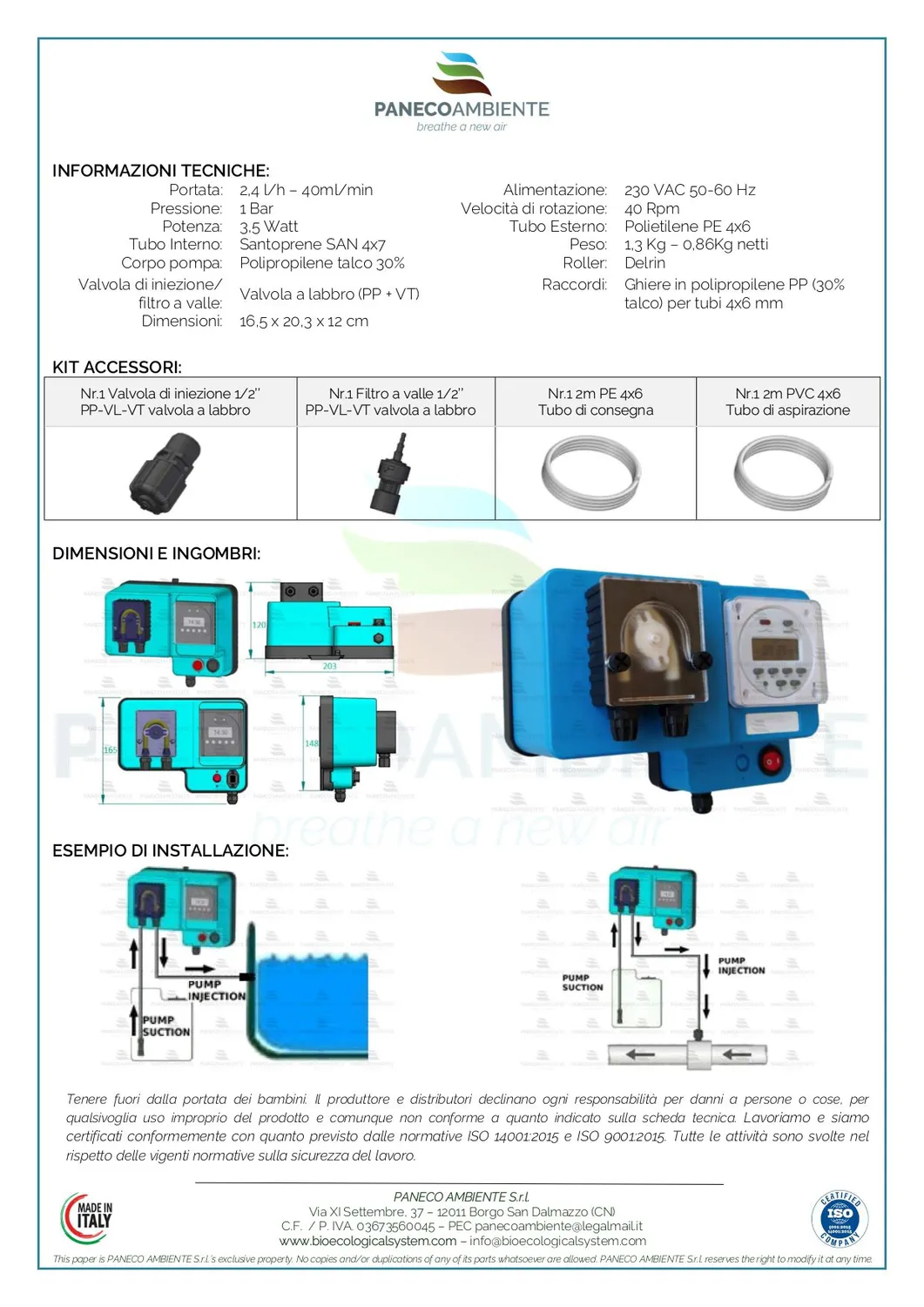 Paneco Injection P1 pompa dosatrice timer 1 pz automatica