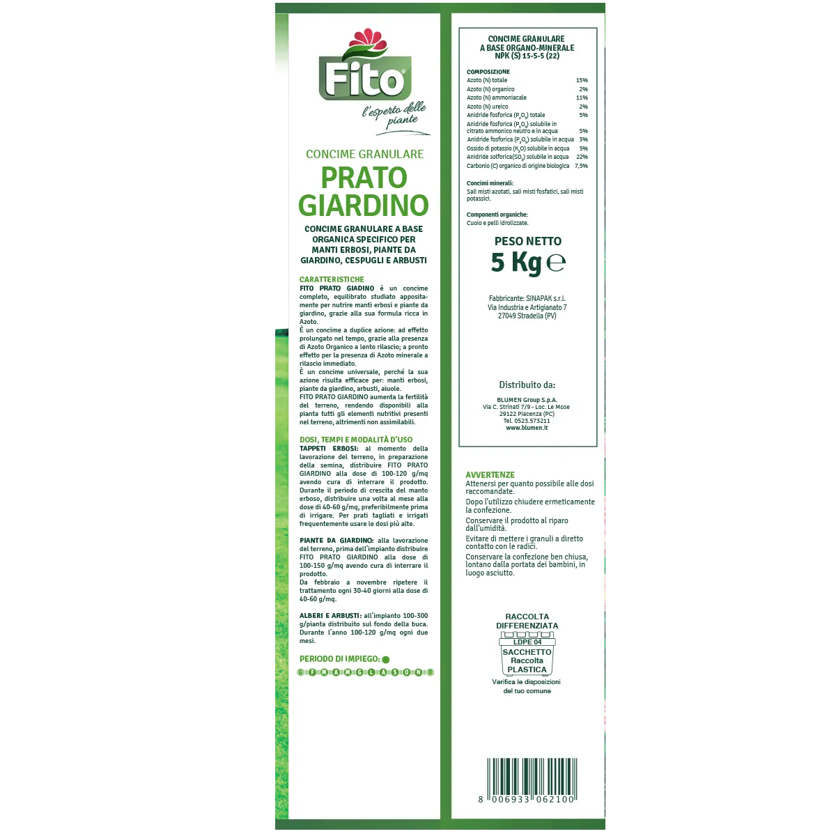 Fito Prato Giardino concime granulare NPK 15-5-5 azoto