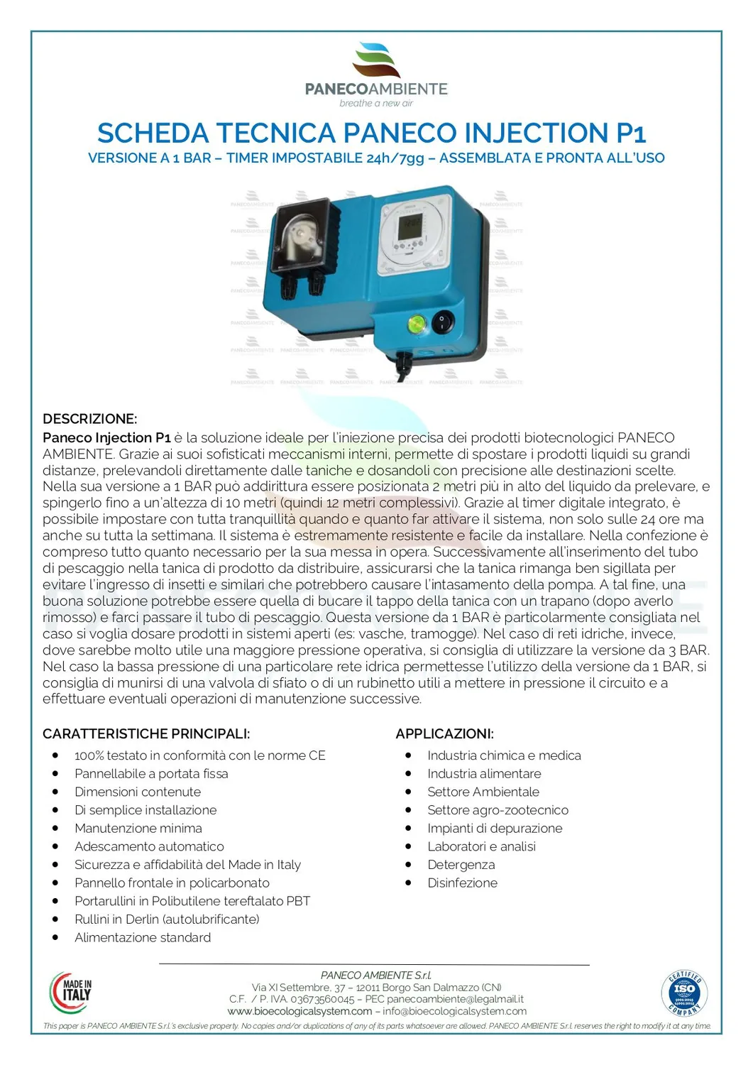 Paneco Injection P1 pompa dosatrice timer 1 pz automatica