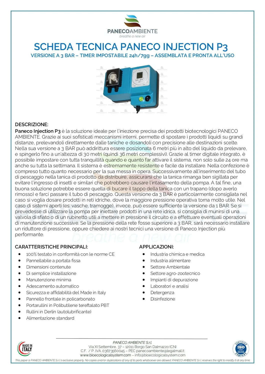 ZoLogik Paneco Injection P3 dosatore acqua 3 bar con timer